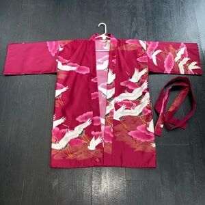 Vintage Marukyo Kyoto Kimono Robe Burgundy Crane Medium  Made In‎ Japan